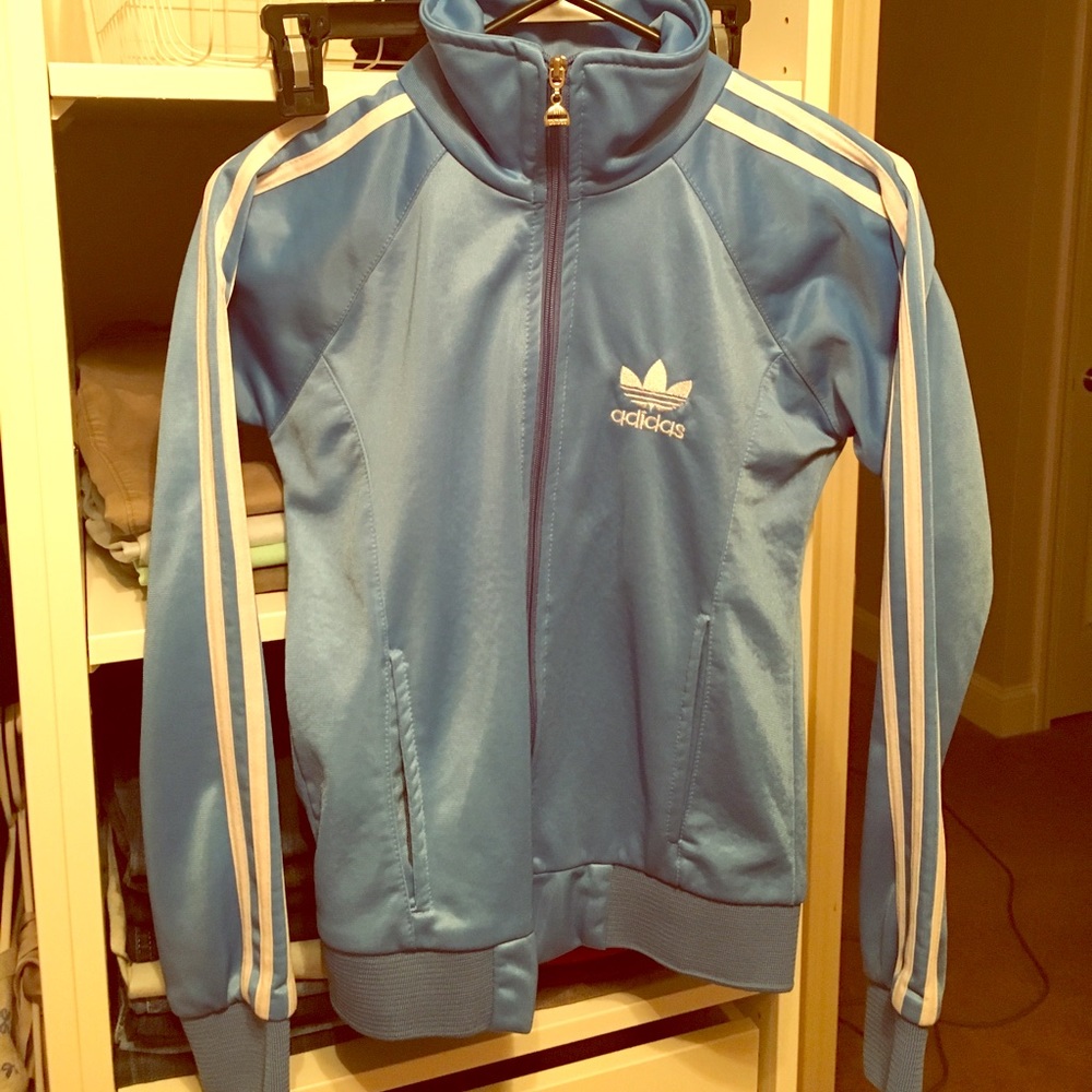Adidas baby blue and white track vintage jacket