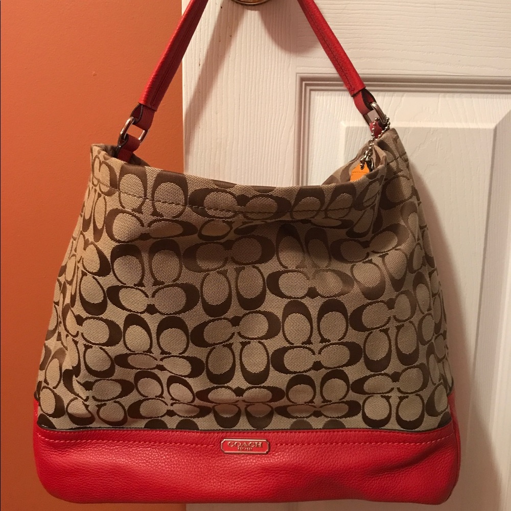 Coach Brown Signature/Red Leather Hobo Handbag