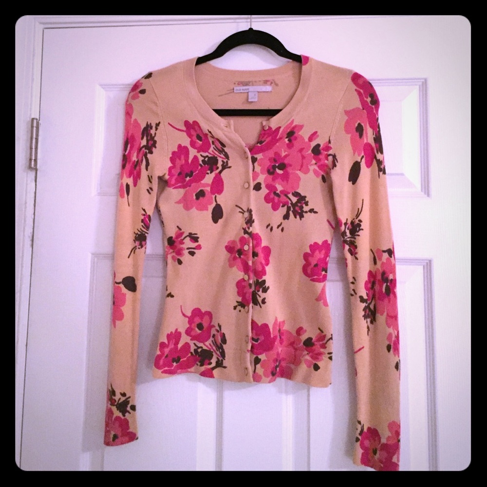 Pink Flowered Tan Button-up Cardigan by Old Navy