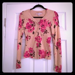Pink Flowered Tan Button-up Cardigan by Old Navy