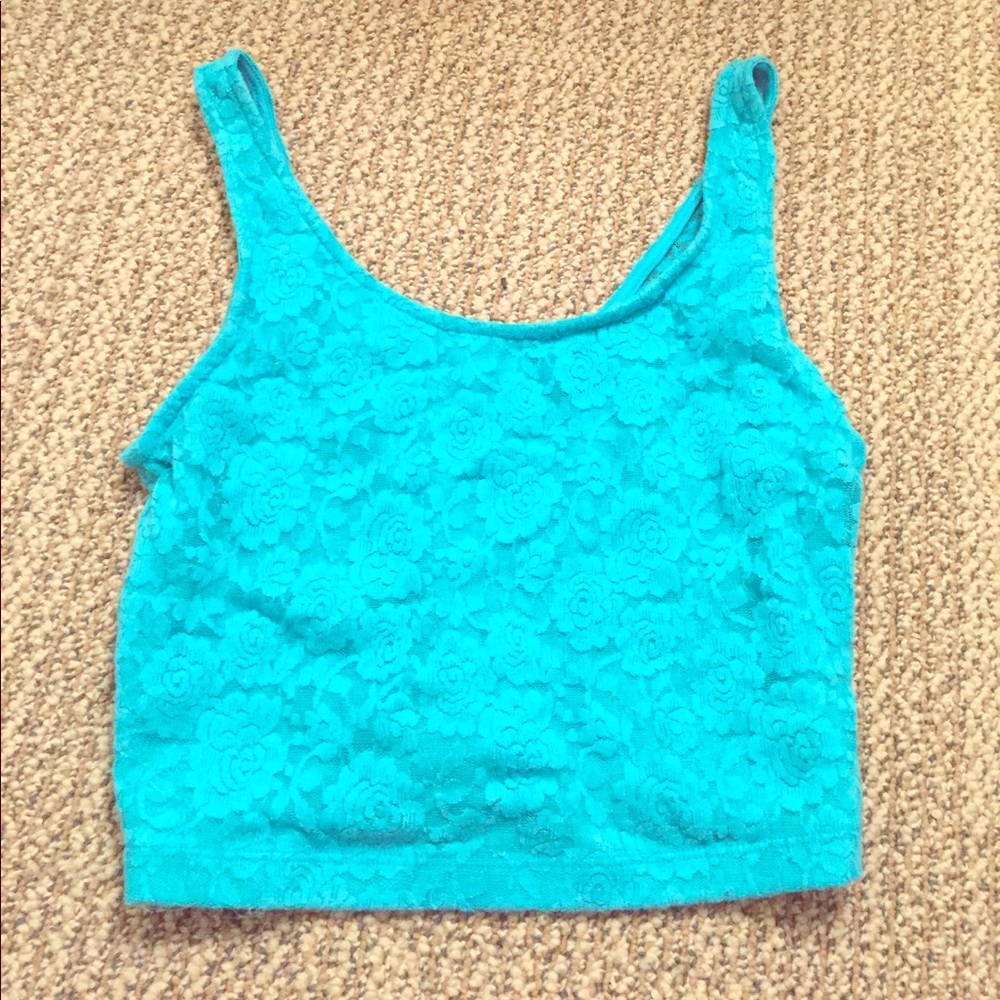 Blue lace crop top with sheer lace back