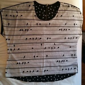 Black and white bird-print boxy tunic top