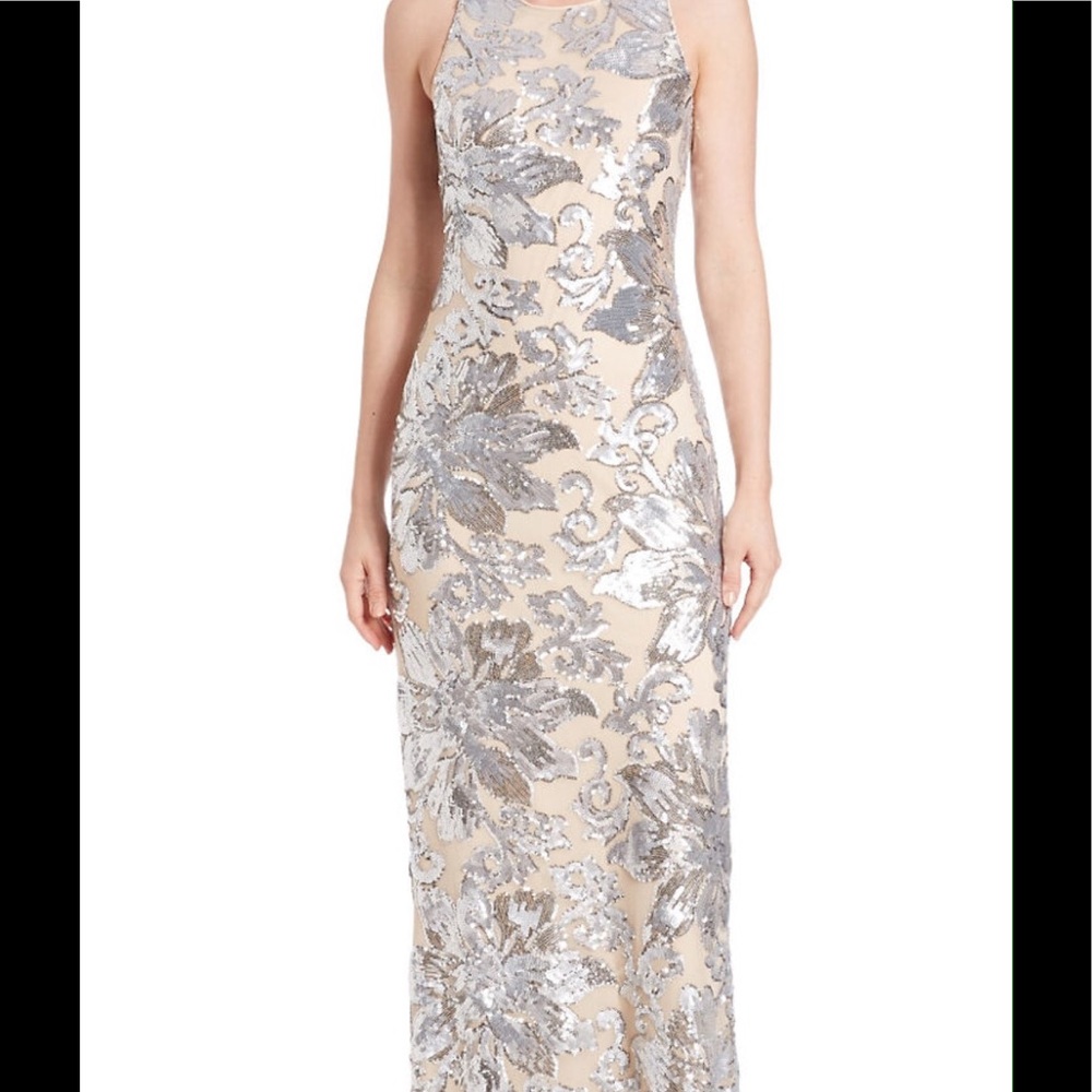 Silver floral long nude dress