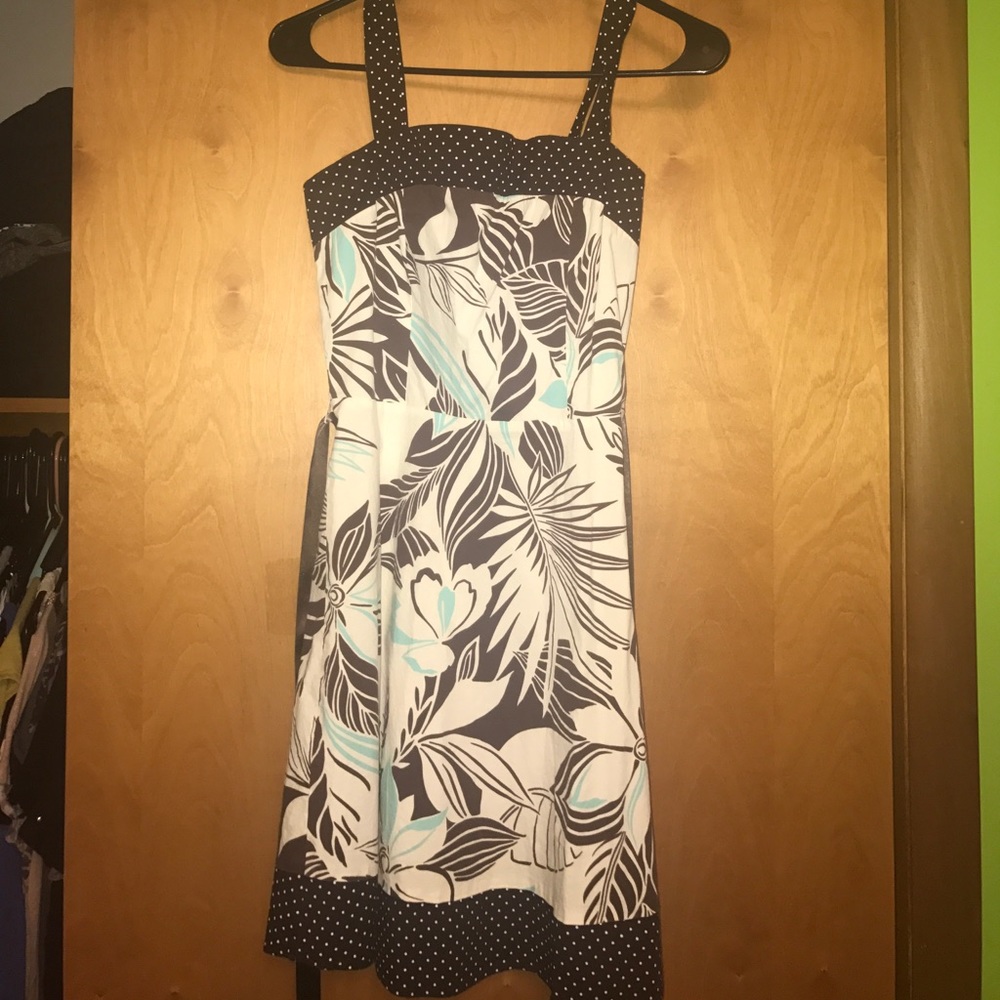 Brown white and turquoise floral polka dot dress