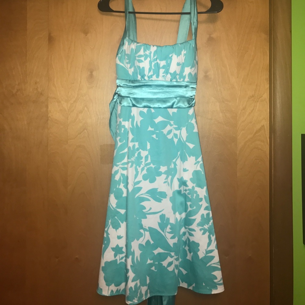 White and turquoise floral dress