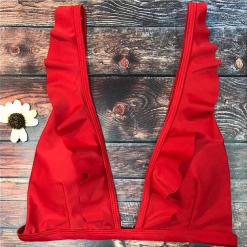 Zaful Red Ruffle Plunge Swim Suit