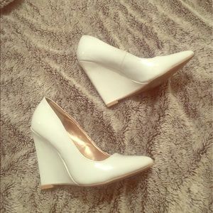 Pointy toed, White Patent Leather Wedge Heels