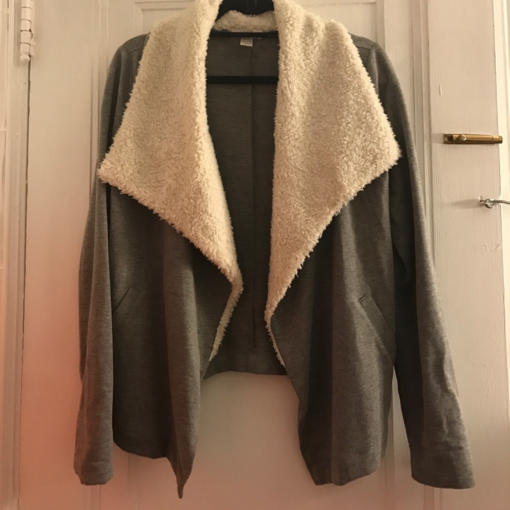 Loft Gray Sweater Jacket with Faux Shearling Trim