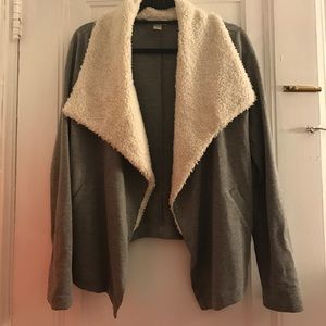 Loft Gray Sweater Jacket with Faux Shearling Trim