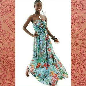 Blue Tropical Strapless Dress