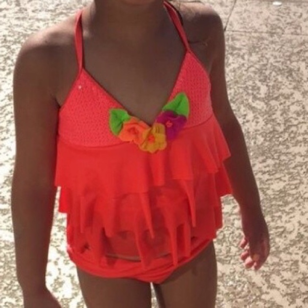 Girls Coral Ruffle Sequin Top Tankini