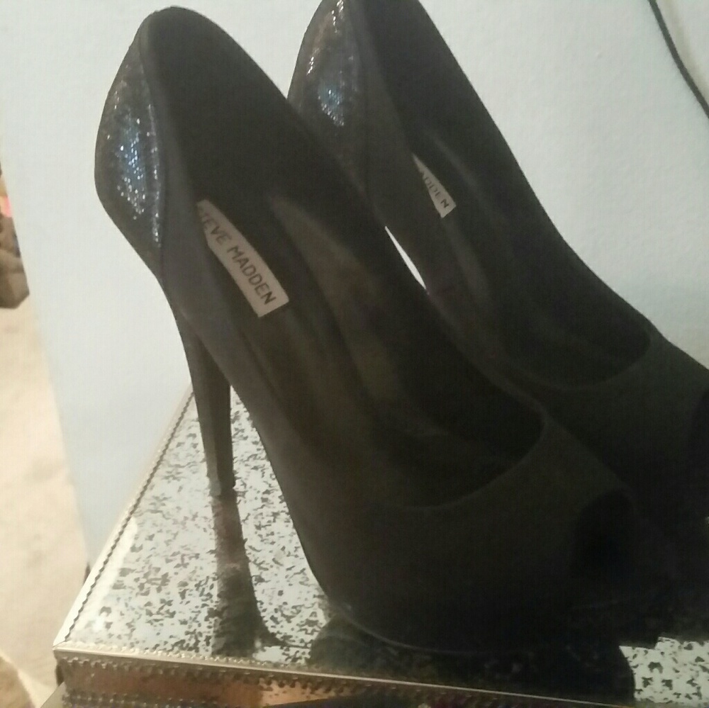 Black satin open toe stelletos with glitzy heals
