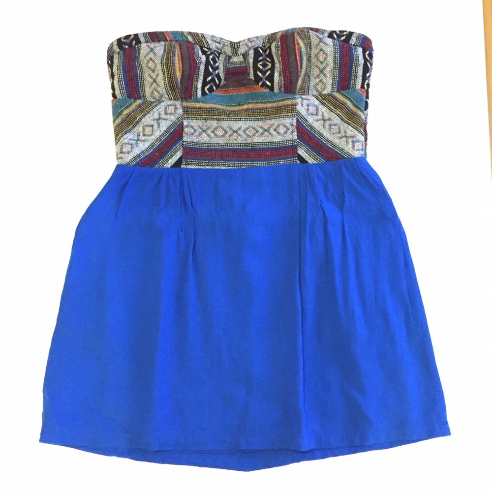 Urban Outfitters Strapless Cobalt Blue/Aztec Dress