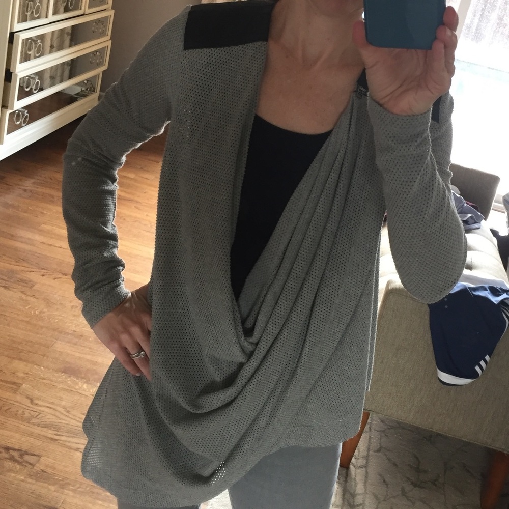 Gray mesh shirt with faux leather detail
