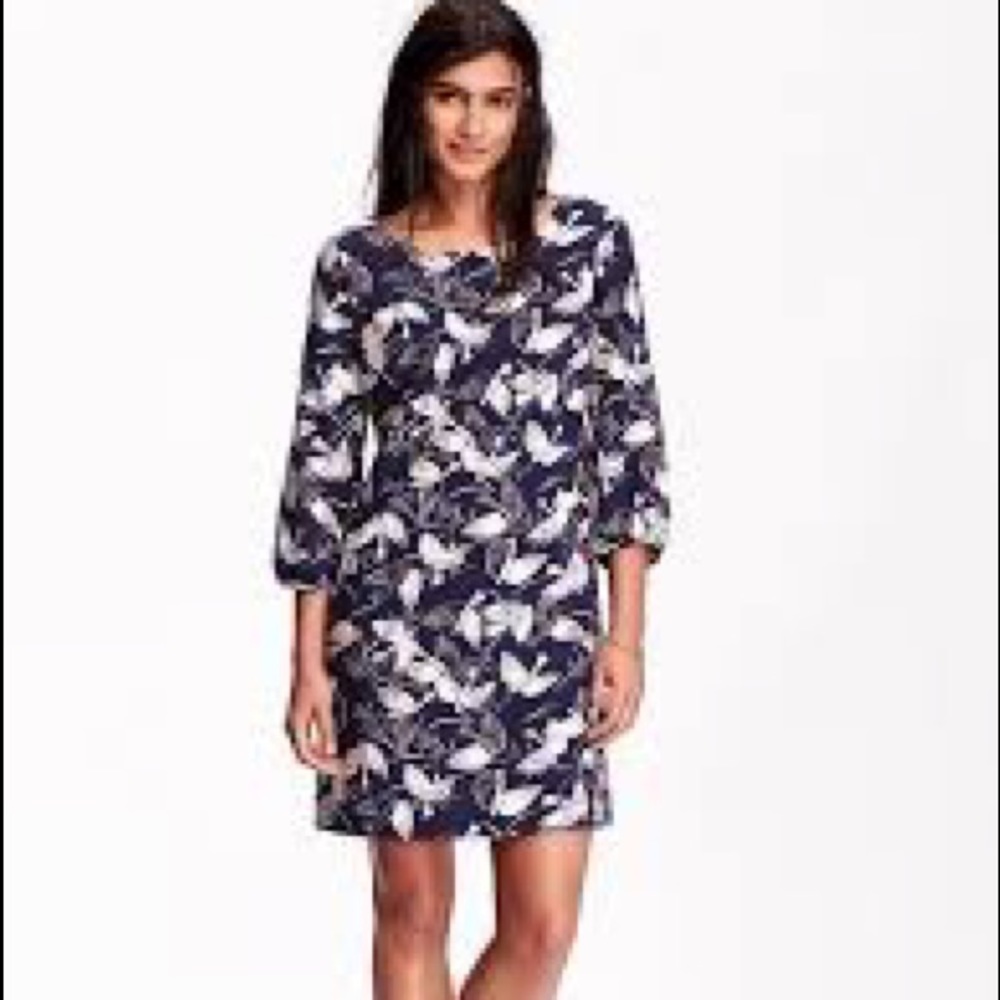 Navy 3/4 Sleeve Bird Dress
