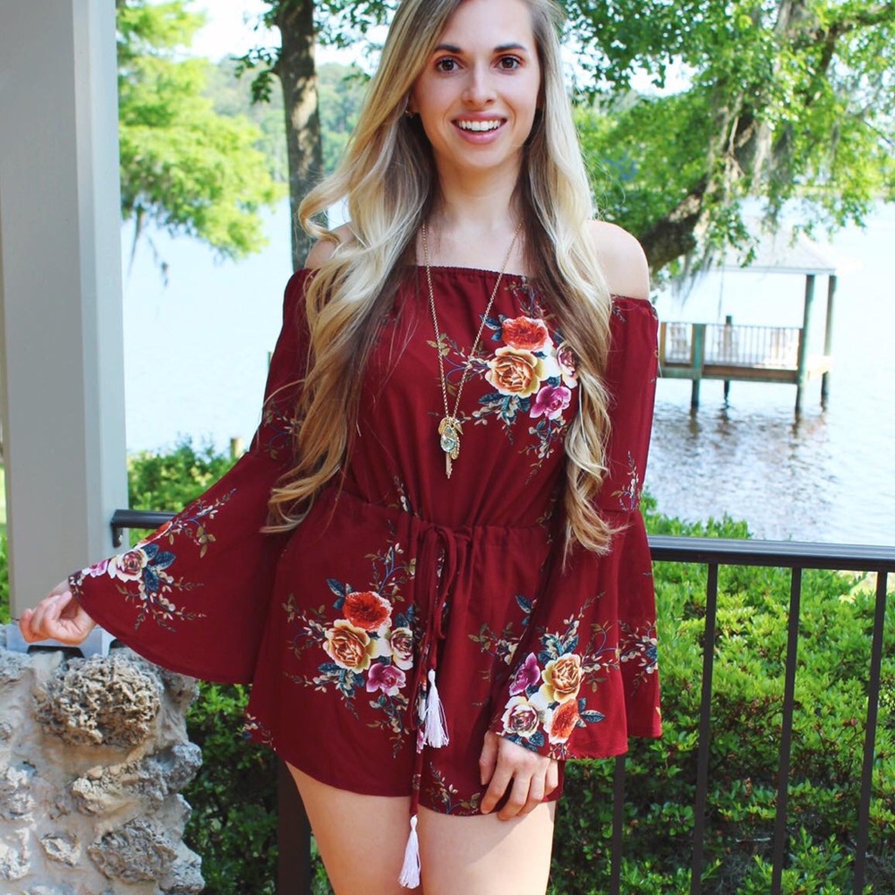 Wine Chiffon Flirty Floral Romper || Small