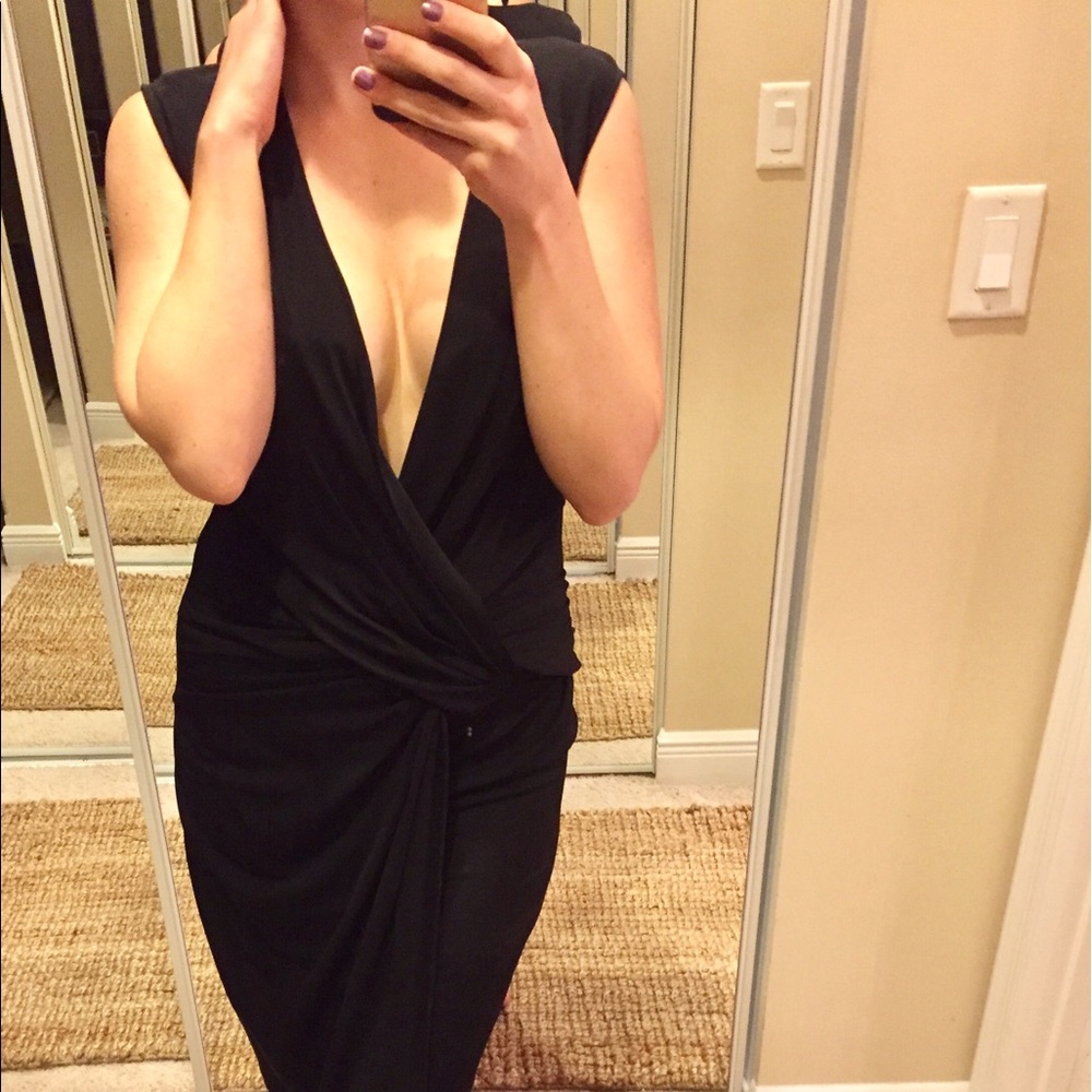 NWT deep V neck plunging neck Black midi dress