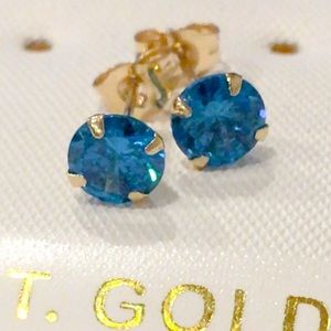 14K Pure Gold 5mm Blue Push Back Stud Earrings
