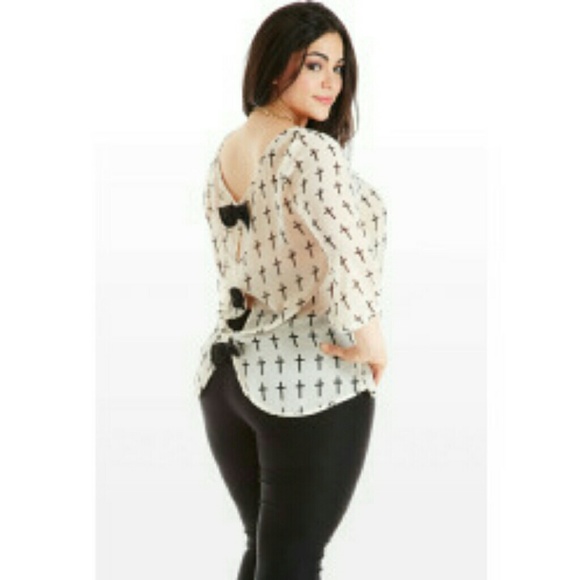 Pink cross-print blouse with open bow back - Picture 1 of 5
