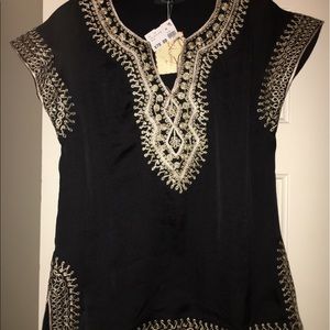 THEME tunic top black with gold embroidery NWT
