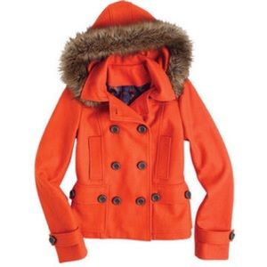 Orange Wool Cropped Pea Coat w/ Fur Hood