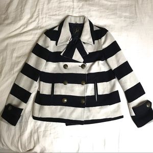 Navy and cream striped, double-breasted pea coat.