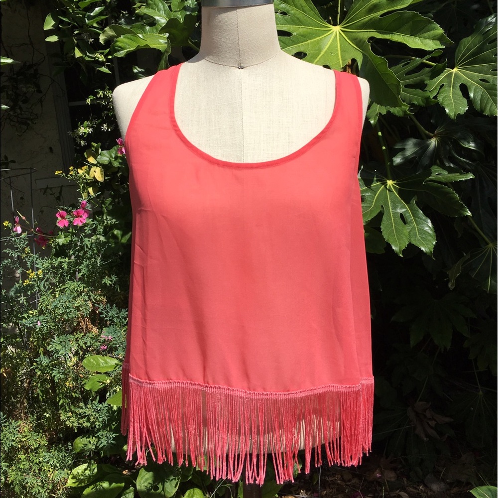 Coral sheer Crop top w/ fringe