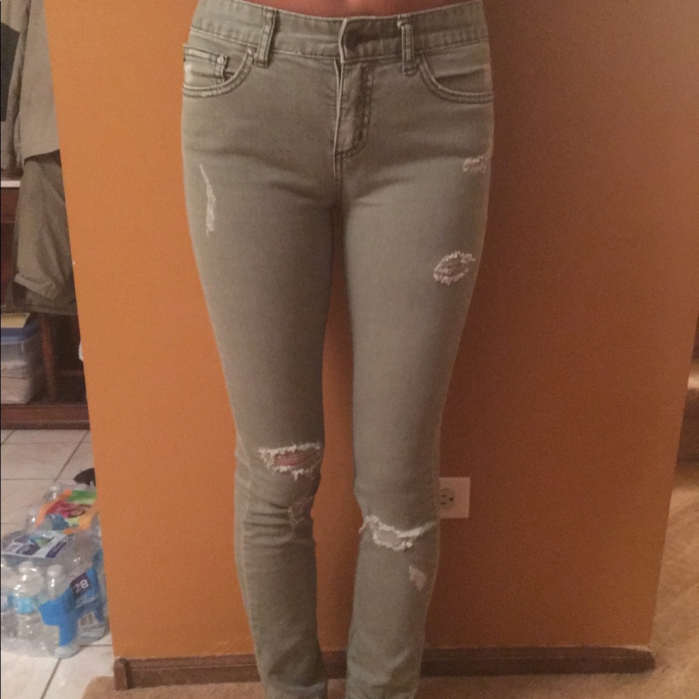 Free people destroyed jeans in greenish gray