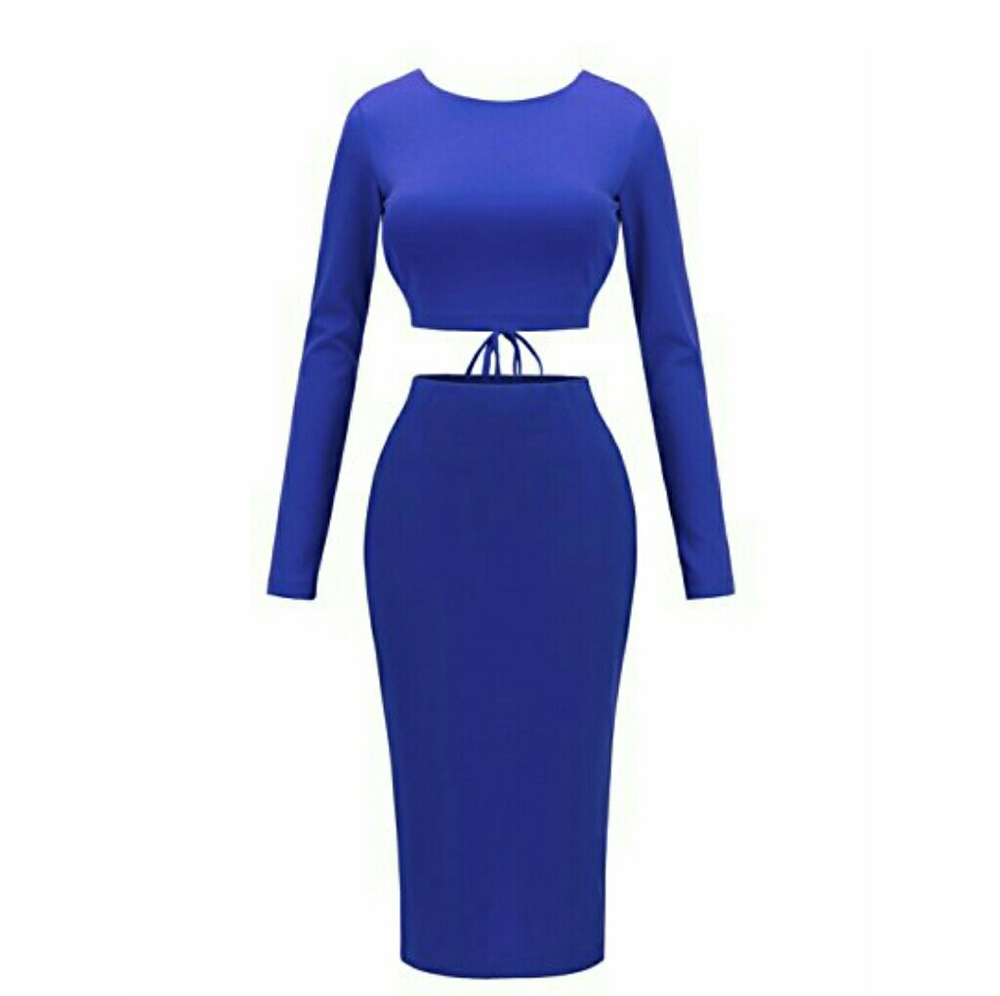 Blue Two Piece Lace Back skirt set