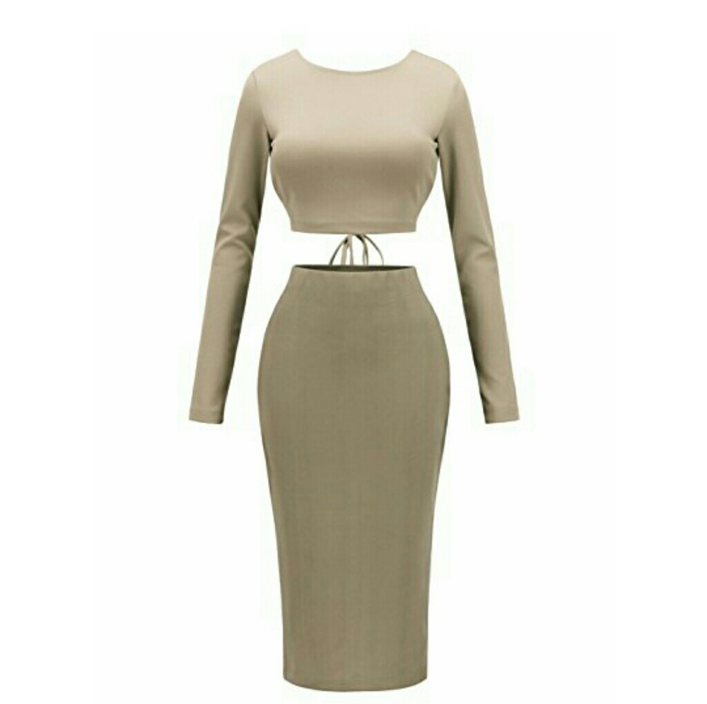 Beige Two Piece Midi Skirt set