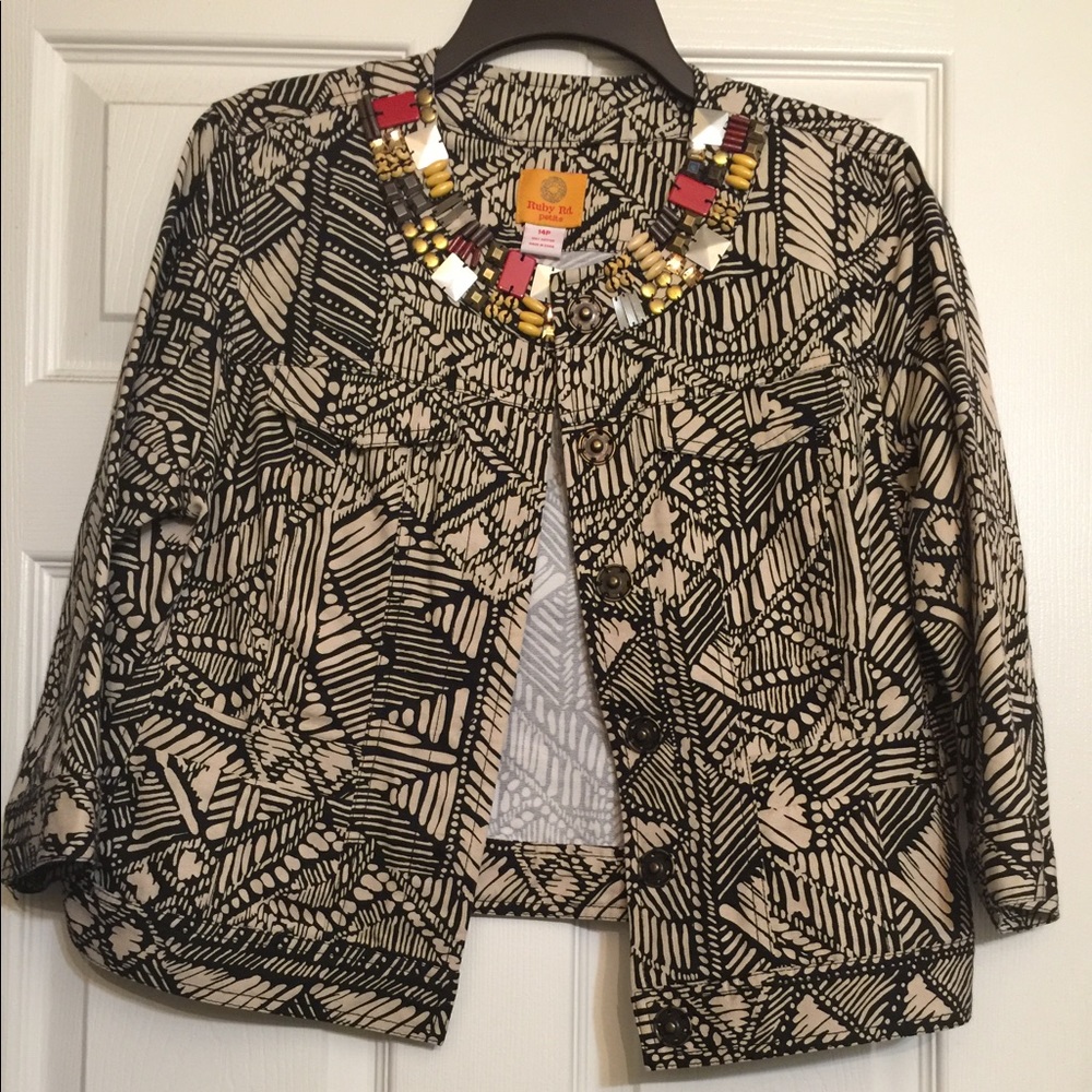 Tan/black denim jacket with jeweled neckline