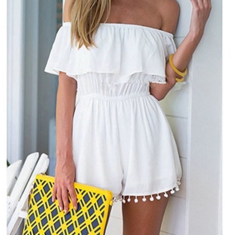 SOLD White off the shoulder Pom Pom trim romper
