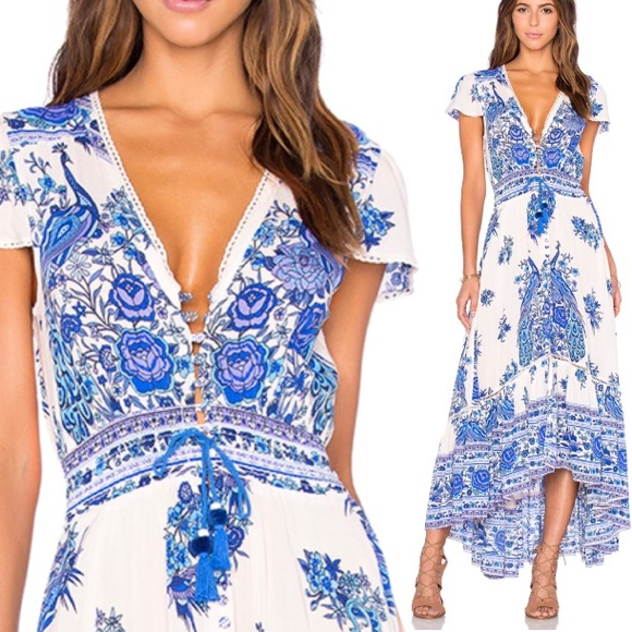 FLORAL Maxi DRESS Bluebird Blue White  NEW - Picture 2 of 4