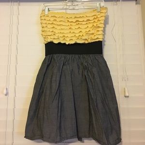 Yellow/black/denim colored strapless ruffle dress