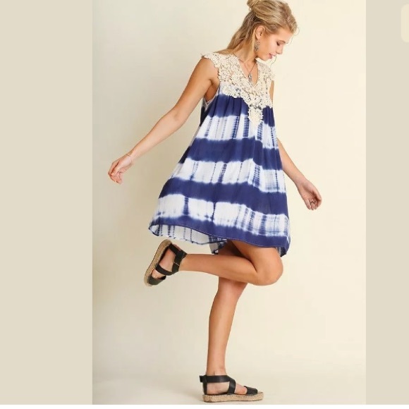 CLEARANCE  Blue Tie Dye Crochet Striped Sleeveless Dress - Picture 2 of 3