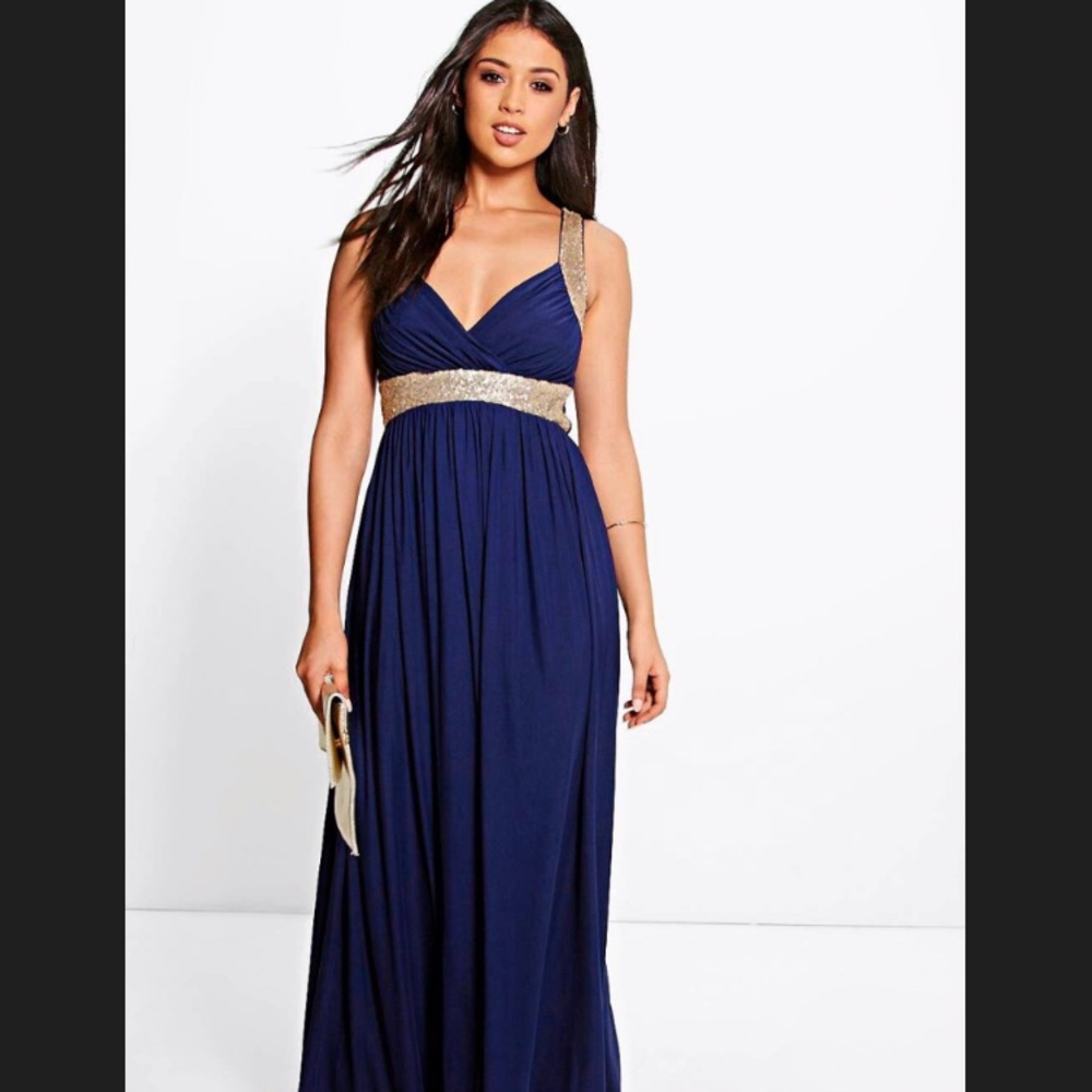 Navy & Gold Sequinned Floor Length Gown Sz 8