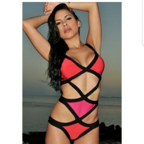 RED ORANGE BANDAGE MONOKINI SWIMSUIT - Picture 4 of 7