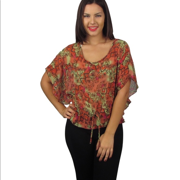 Colorful Print Top With Drawstring Waist - Picture 2 of 3