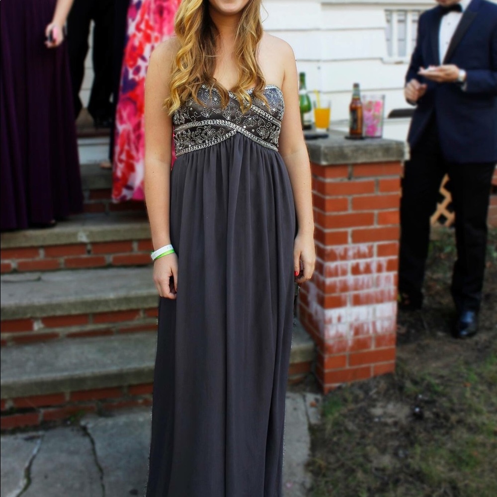 Grey beaded strapless prom dress