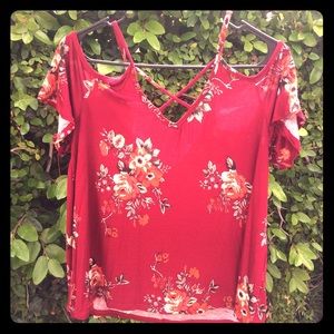 Ruby Red Cold Shoulder Floral Blouse