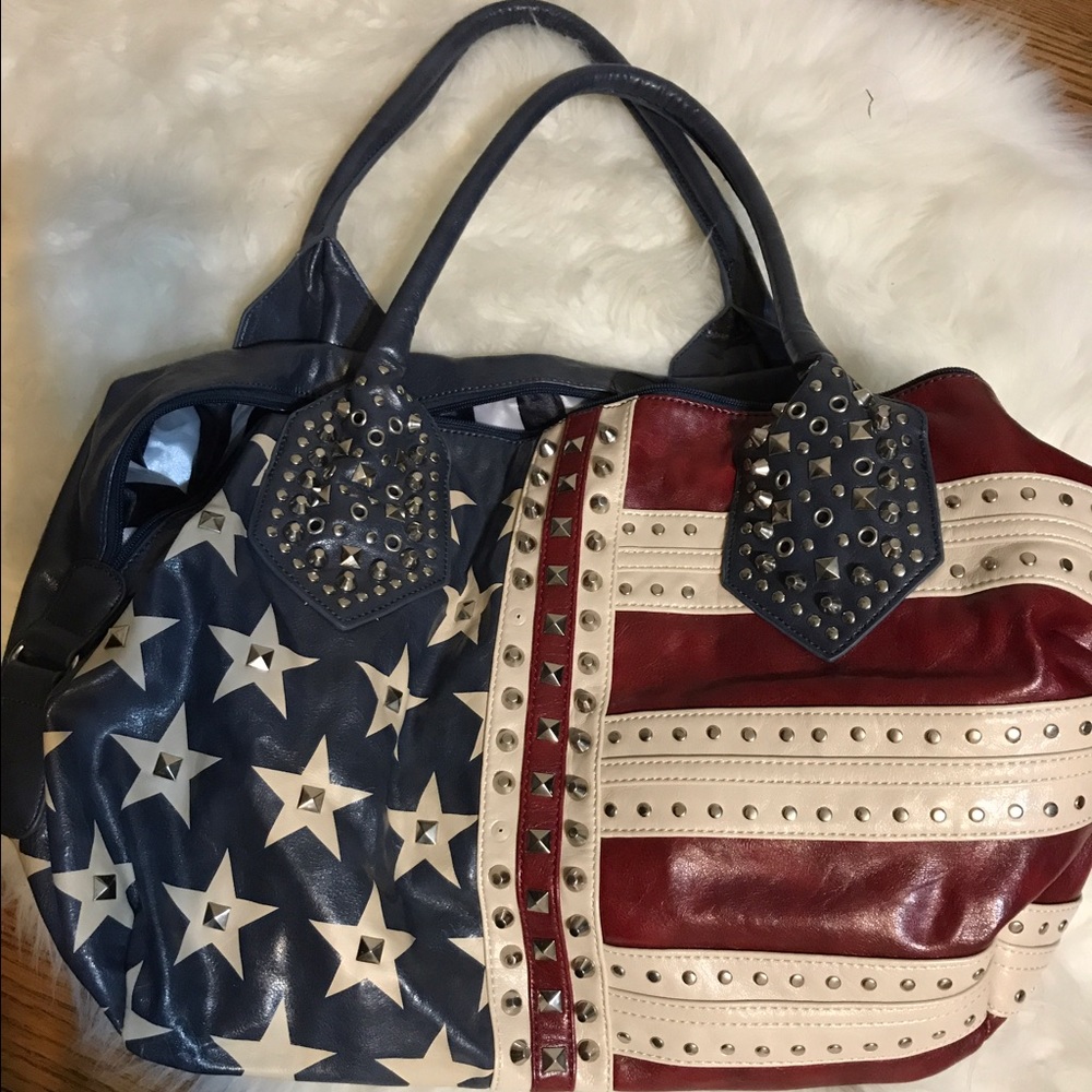 Large silver studded American flag handbag