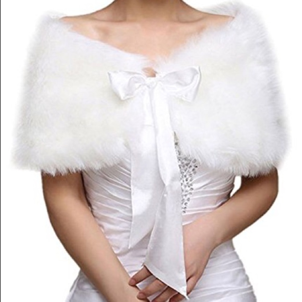 White faux fur bridal wrap with white satin ribbon