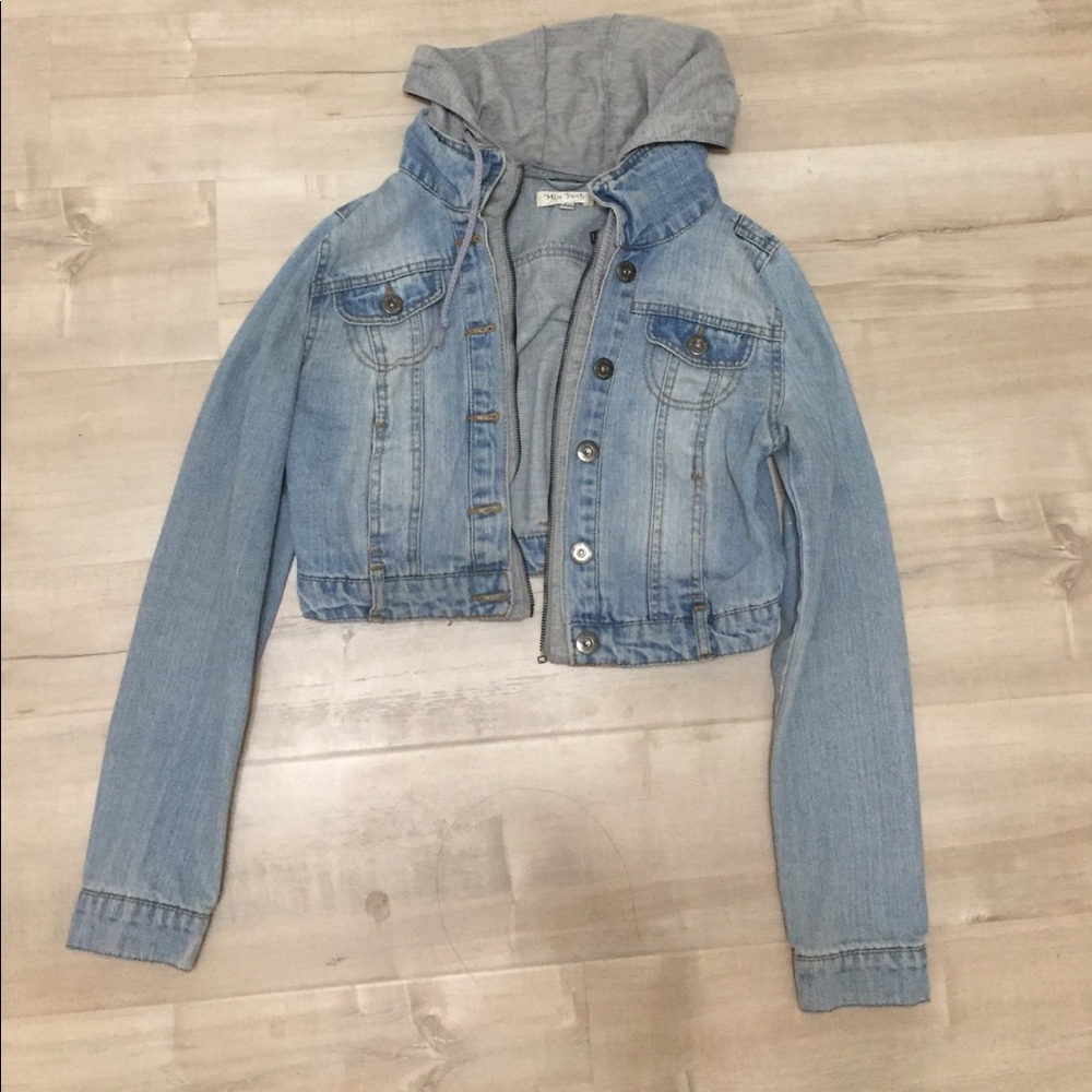 Cropped denim jacket with fabric hoodie