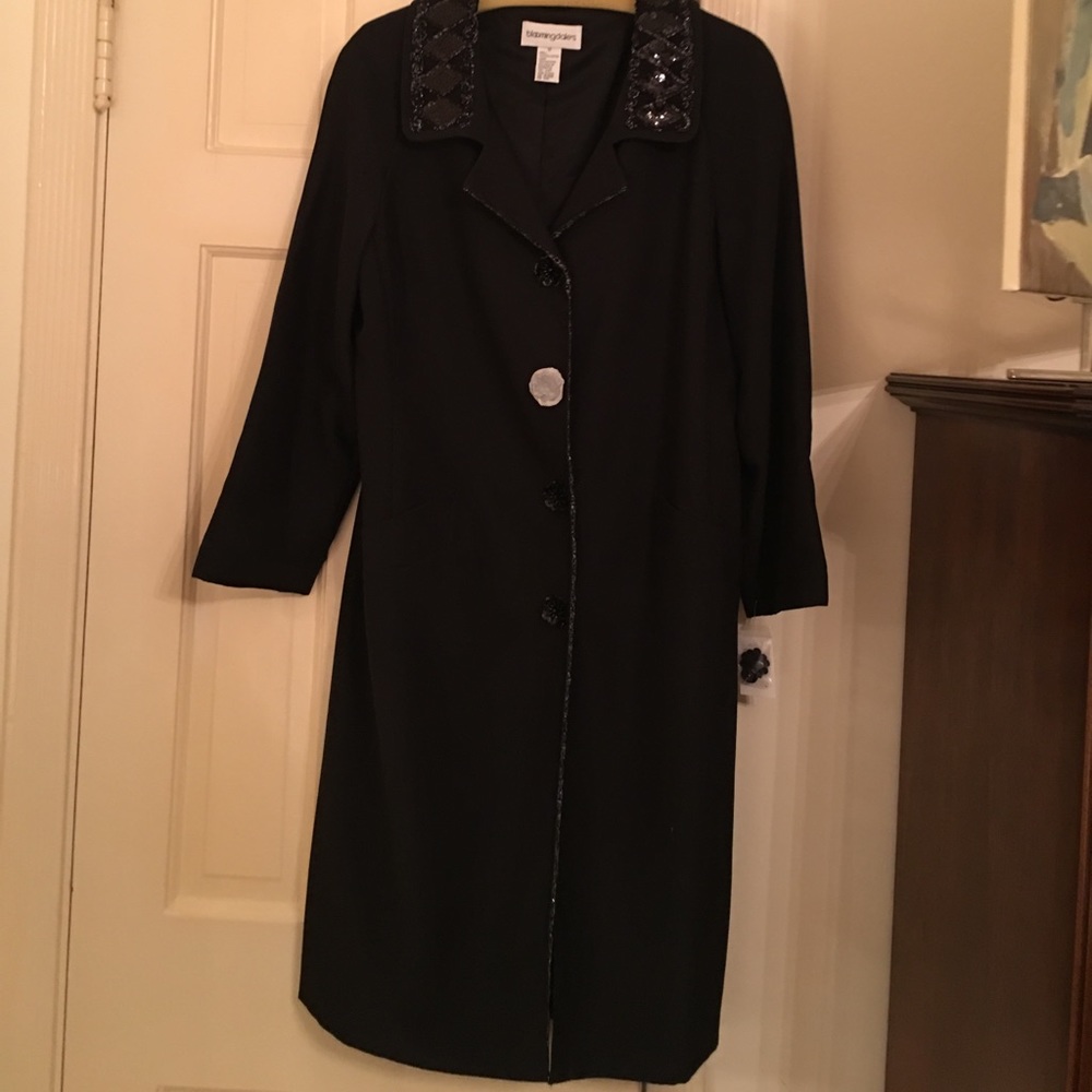 Black polyester evening coat w/ sequin & beading