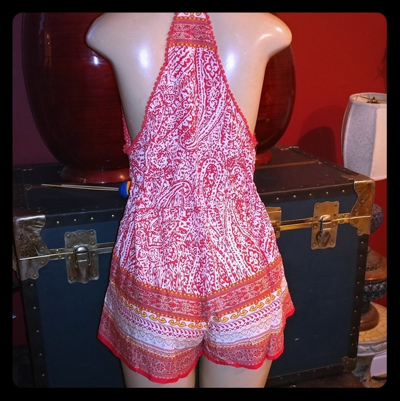 Red print Strap drawstring romper - Picture 5 of 5