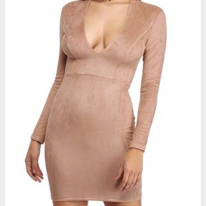 tan suede long sleeve V cut dress