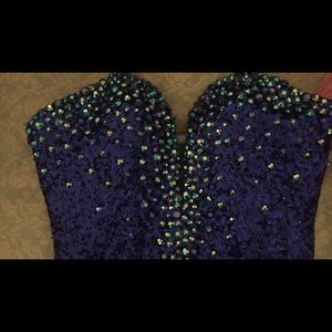 Purple/blue strapless dress with slit and low cut