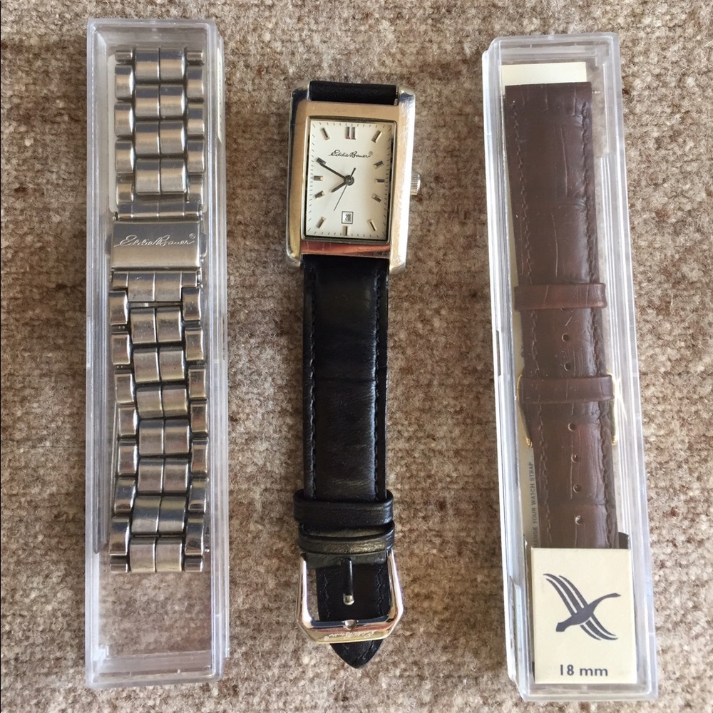 Eddie Bauer Men's Tank Watch w/2 Xtra Straps