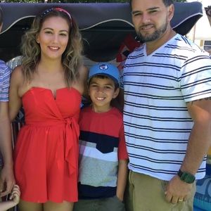 Red strapless romper