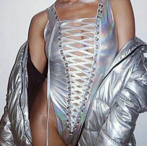 COACHELLA BODYSUIT SILVER FOIL HOLOGRAPHIC LACE UP